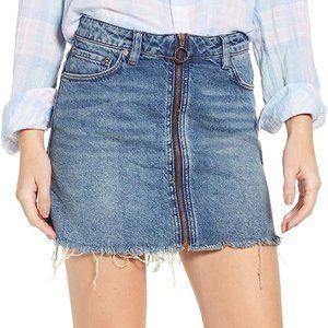 Free People We The Free Denim Cotton Jean Mini Skirt Fringe Zip D ring sz 26 EUC
